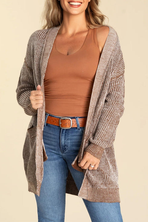 Open Knit Patch Pocket Ribbed Trim Longline Cardigan